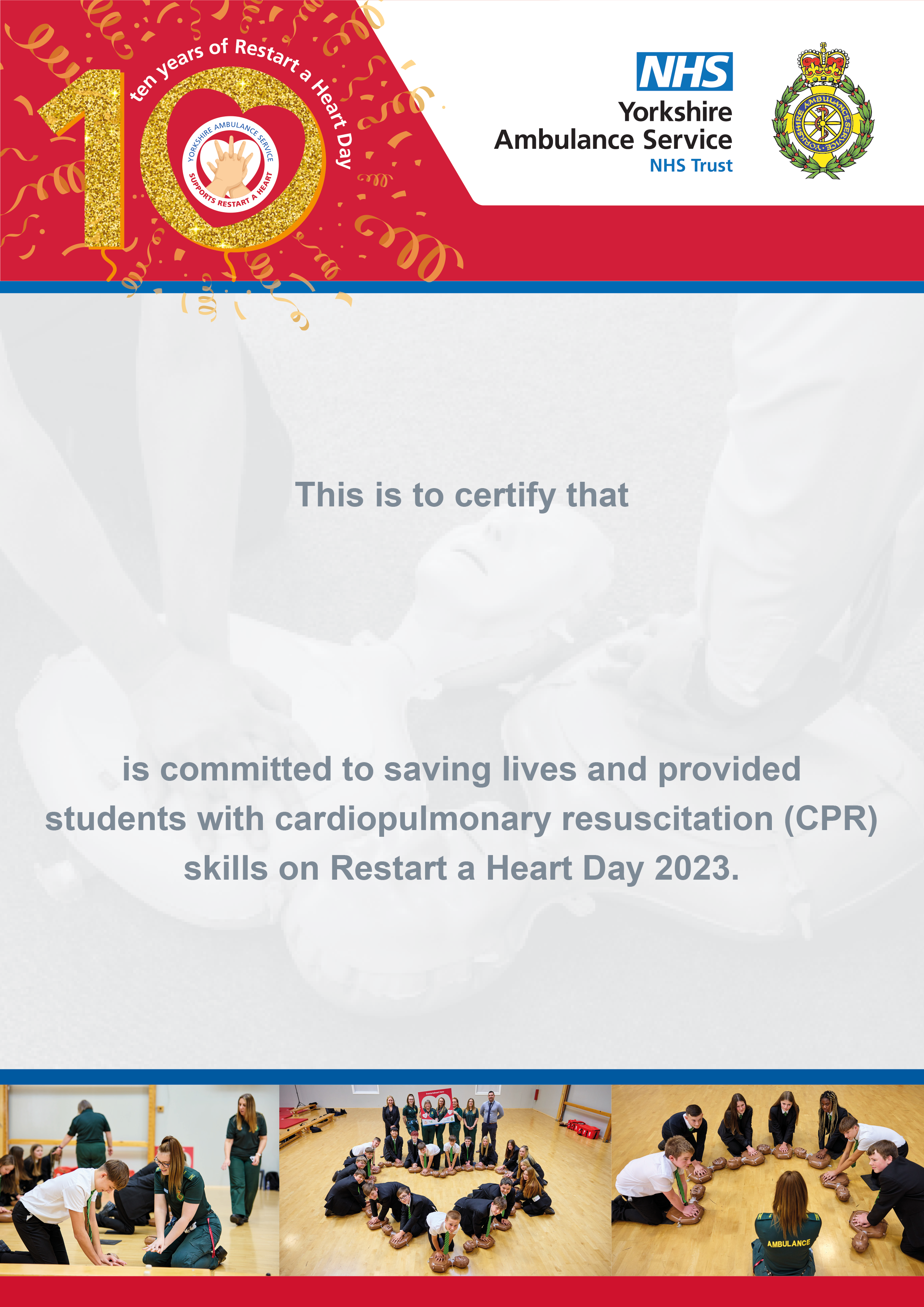 Certificate for schools taking part in Restart a Heart Day 2023