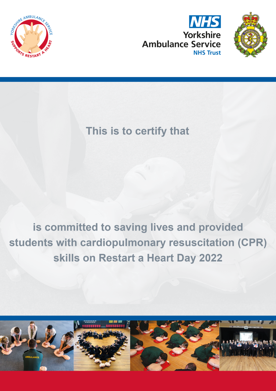 Download: Certificate for SCHOOLS taking part in Restart a Heart Day 2022