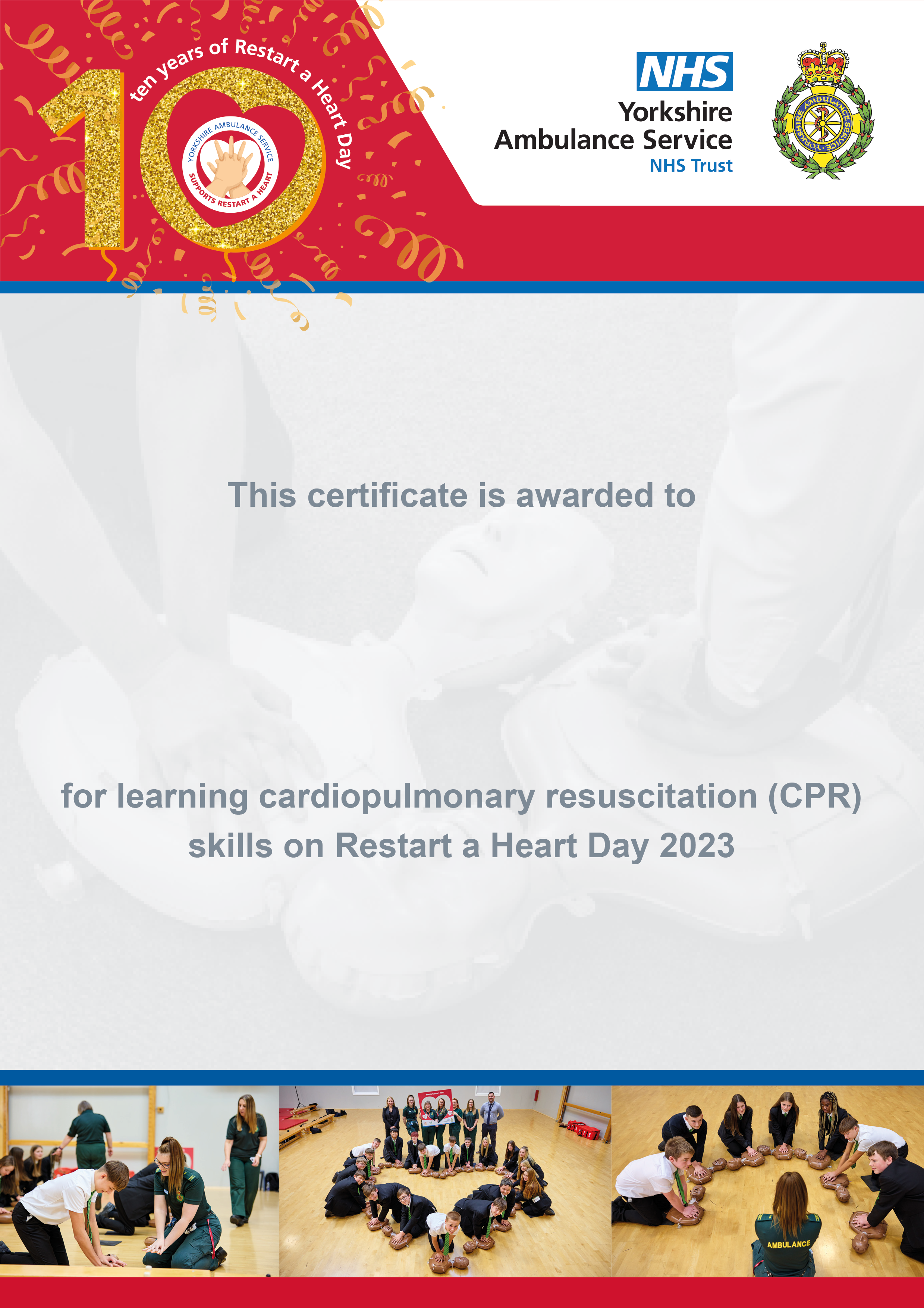 Certificate for STUDENTS taking part in Restart a Heart Day 2023