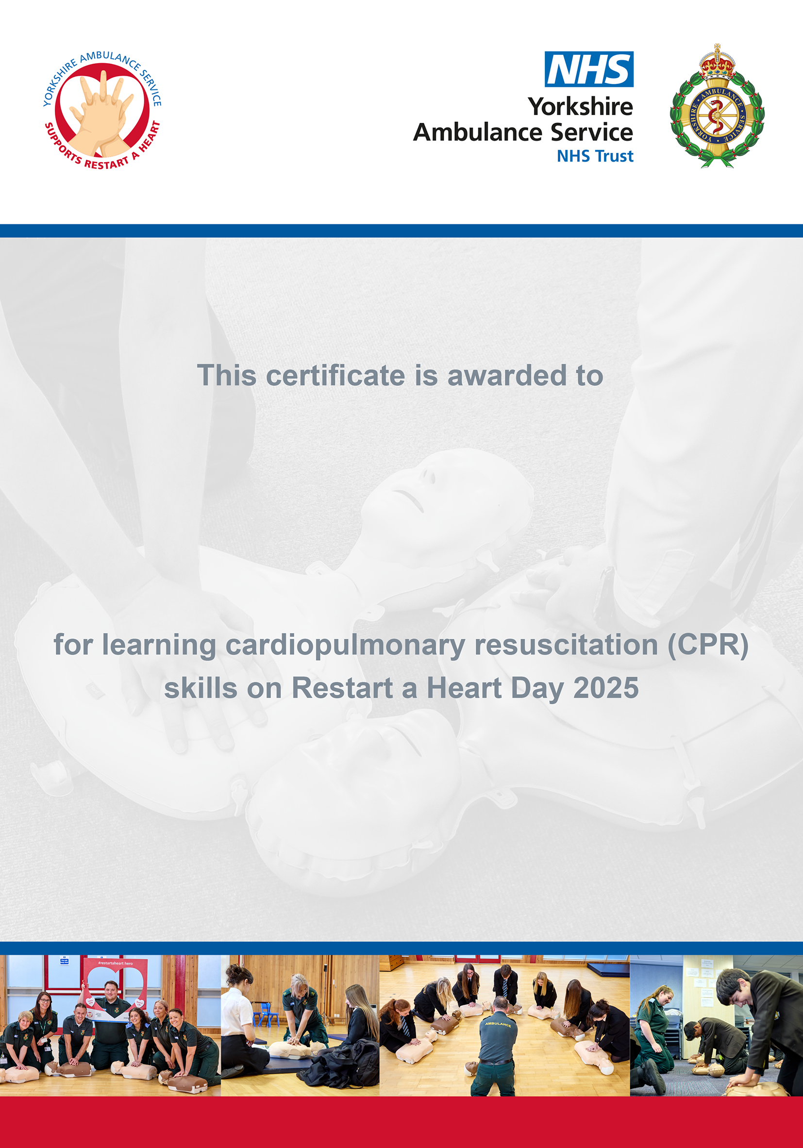 Download: Certificate for STUDENTS taking part in Restart a Heart Day 2025