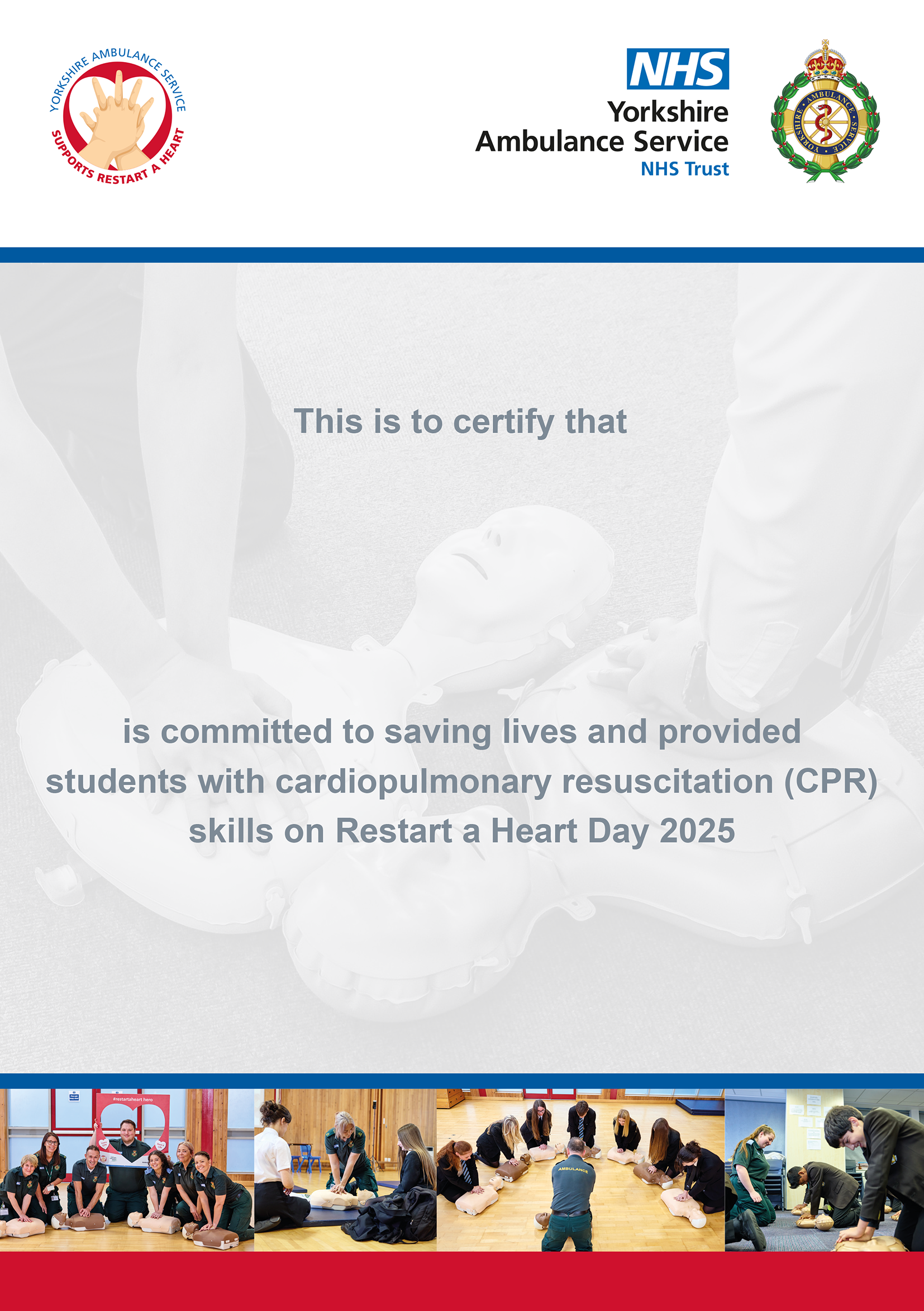 Download: Certificate for SCHOOLS taking part in Restart a Heart Day 2025. 