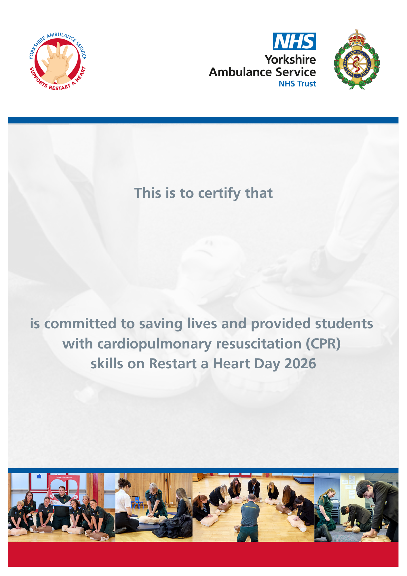 Download: Certificate for SCHOOLS taking part in Restart a Heart Day 2026. 