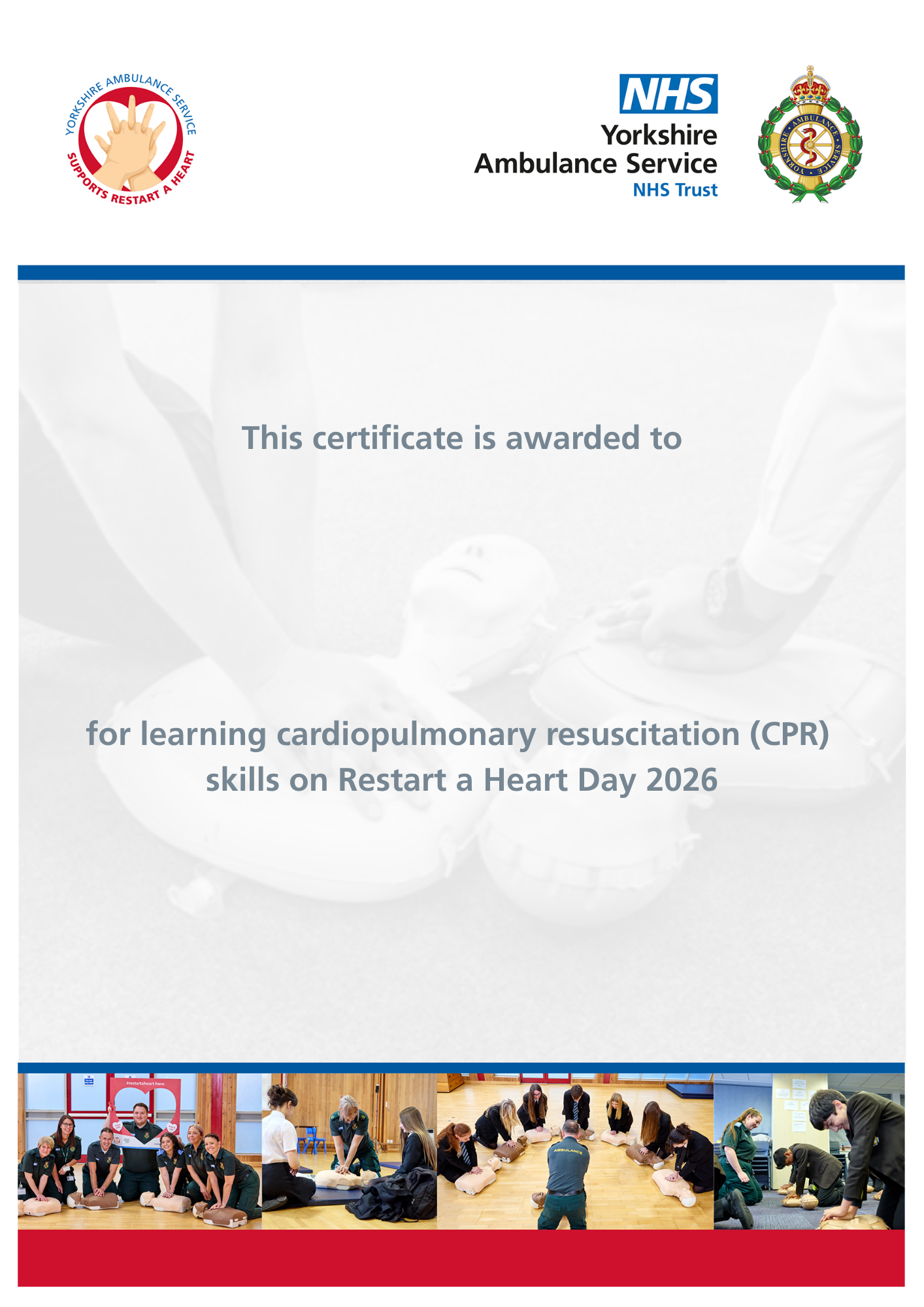 Download: Certificate for STUDENTS taking part in Restart a Heart Day 2026